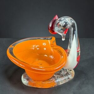 Art Glass Swan Bowl Ashtray Orange Venetian Italian Glass Blown Figurine Vintage